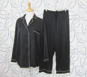 FreedomSilk 100% Silk Classic Long Sleeve Trimmed Pajama Set Black Size XL - Picture 1 of 13