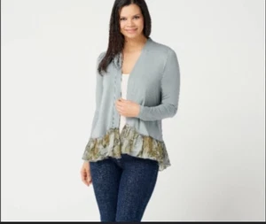 LOGO by Lori Goldstein  Cardigan with printed chiffon trim Size Medium Womens - Picture 1 of 10