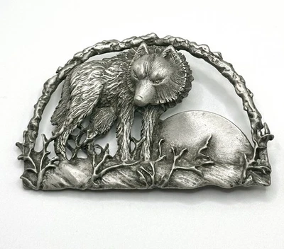 Vintage JJ Jonette 3D Wolf Pin Brooch Wolves in Woods With Moon Metal - Image 1 of 2