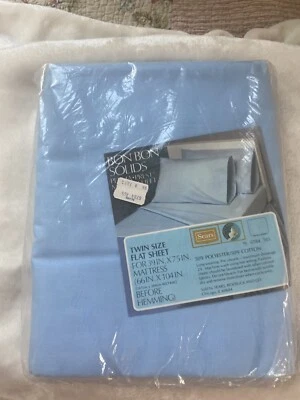 复古 Sears Bon Bon 实心扁平双人床床单薄纱 Perma Prest 全新蓝色 — 第 1/4 张图片