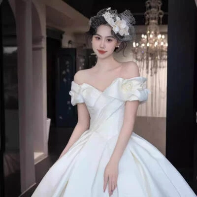 Off Shoulder Wedding Dress Size 2-10 Ball Gown White Satin Princess Train Corset - Image 1 of 4