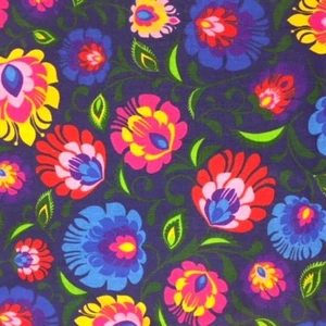 577. Folk Flowers on blue 100% Cotton Fabric. Price per 1/2 metre - Picture 1 of 3
