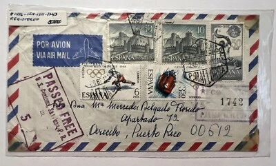 RARO 1968 ESPAÑA CUBIERTA REGISTRADA A PUERTO RICO PASADO POR ADUANAS EE. UU. Foto 1 de 4