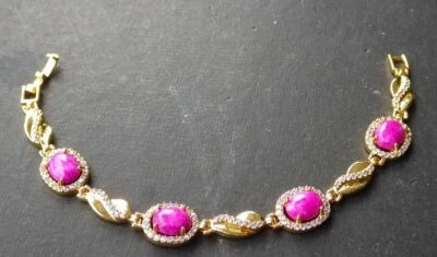 Brazalete Brazalete Flor Circonita Cúbica Cabujón Jade Rojo Lavanda Genuino 18KGP Foto 1 de 4