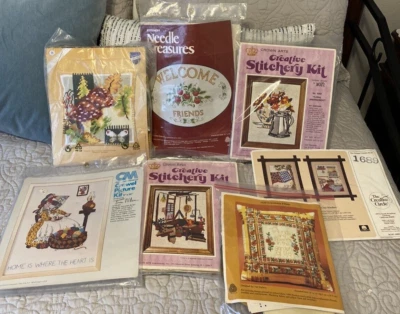 Lot of 7 Vintage Embroidery Kits Groovy Rustic Scenes NEW Old Stock Pillow - Image 1 of 4