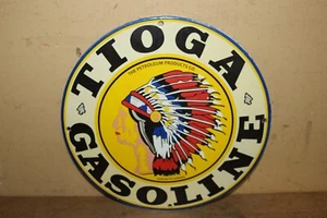 Vtg Tioga Gasoline Gas Station Chaunute Kansas Indian Chief Porcelain Metal Sign - Picture 1 of 4