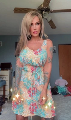 Hurley Womens Midi Floral Dress Coral Pink Gold Aqua Palm Leaves Lightweight •XL - Image 1 of 4