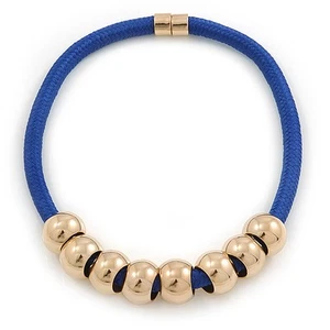 Collana girocollo magnetica in corda di seta blu con anelli dorati - 42 cm L - Foto 1 di 6