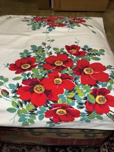 Vintage 1950's Floral Cotton Table Cloth 52" X 46" Retro - Imagen 1 de 5