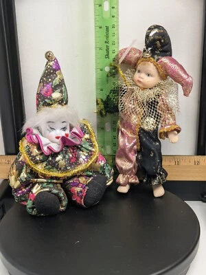 Dos Muñecas Payaso Porcelana Vintage Ropa Multicolor Pelo Blanco Corazón Estrella Foto 1 de 4