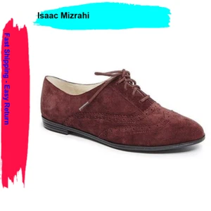 Isaac Mizrahi 'Fiona' Lace Up Wingtip Oxford Flats Dark Red Suede 7.5M - Picture 1 of 1
