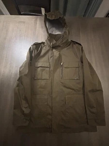 Cole Haan Mens Field Rain Jacket Olive Green Packable Hood Medium Lambskin Trim - Picture 1 of 9