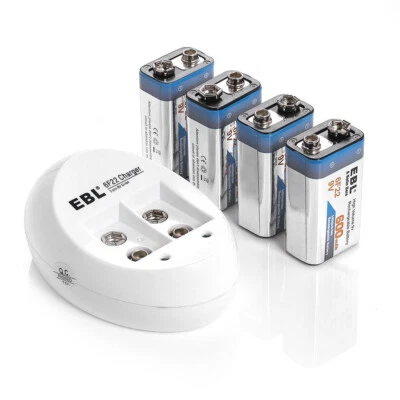 EBL 4x 9V 600mAh 6F22 Li-ion Rechargeable Batteries + 2 Slot 9 Volt USB Charger - Image 1 of 4