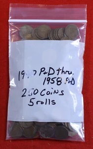 1940-PD thru 1958-PD Lincoln Wheat Cent Penny 250 Coins 5 rolls Circulated Coin - Picture 1 of 3