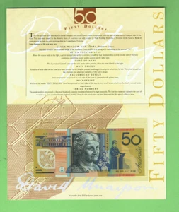 #T317.   1995  FIRST POLYMER  FRASER/EVANS  $50 BANKNOTE IN FOLDER  #AA 95007039 - Picture 1 of 2