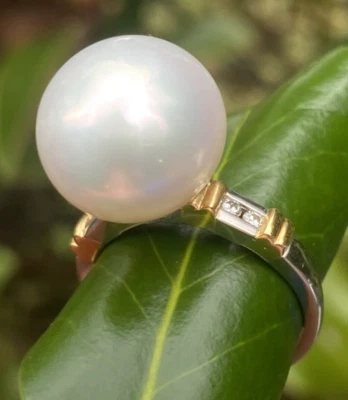 Platinum 18K Yellow Gold HUGE 13.5mm  Baroque South Sea Pearl Diamond Ring Signd - Image 1 of 4