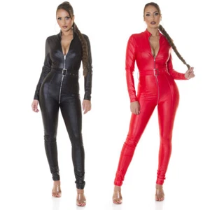 Leather Look Jumpsuit Catsuit Full Crotch Zip Sleeved Belted KouCla- Black & Red - Picture 1 of 14
