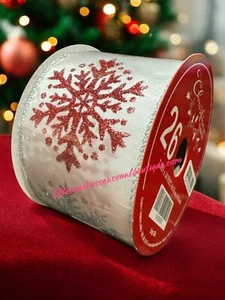 Silver  & Red Glitter Snowflake Wired Edge Ribbon - 2.5” x 30 Ft Christmas Craft - Picture 1 of 6