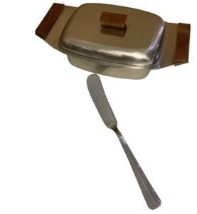 Stainless Butter Dish Hong Kong Wood Trims + Grosvenor Butter Spreader - Picture 1 of 15