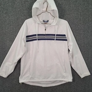 Reebok Windbreaker Mens XL White Blue Quarter Zip Hooded Pullover Pockets - Picture 1 of 10