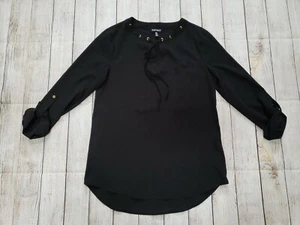 ELLEN TRACY BLACK SMALL BLACK ROLLED SLEEVE GOLD GROMMET TIE NECK SHIRT BLOUSE - Picture 1 of 8