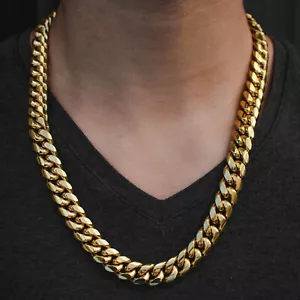 Mens 14mm Miami Cuban Link Chain Real 18k Yellow Gold Heavy & Solid - Picture 1 of 3