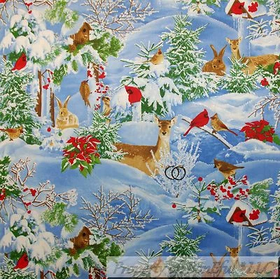 BonEful Fabric FQ Cotton Quilt VTG Blue Red Deer Tree Bird Metallic Scenic Xmas - Image 1 of 4