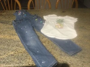 CAT AND JACK PAINT SPLASHED OVERALLS GIRLS YOUTH 6-6X BLUE Denim & GAP TOP Small - Picture 1 of 5