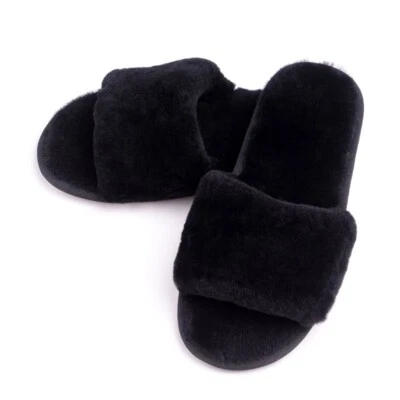 Zapatillas de invierno cálidas para el hogar gruesas abatibles planas de piel de oveja de piel de oveja real Foto 1 de 2