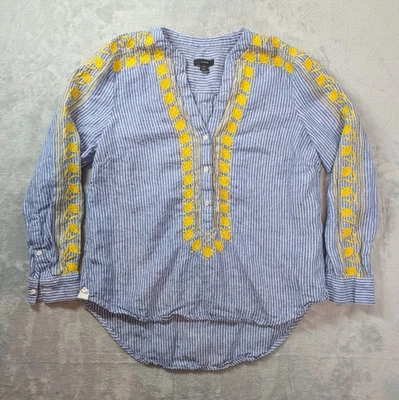 Camisa J Crew Mujer Med Azul Amarillo Bordada Cuello Rayas Túnica Floral Boho Foto 1 de 4