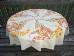 Vtg 70s Linen Tablecloth MOD Flower Power Daisies Paisley 68" Round - Picture 1 of 17