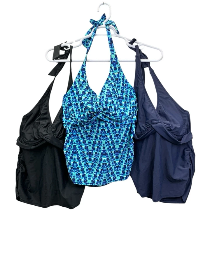 Athleta Tankini Top Royal Blue Halter Ruched Stretch Swim Top Sz. 36D/DD 3 Tops - Image 1 of 4