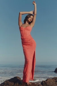 HOUSE OF CB 'Carmella' Coral Hand Beaded Maxi Dress M 10/12 PLUS CUP 4229 - Picture 1 of 11
