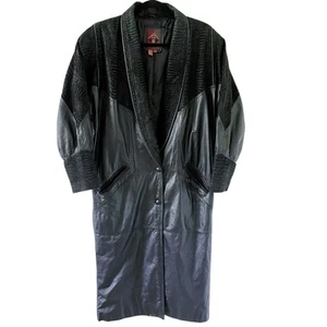 Black Leather Duster Trench Coat Womens M Global Identity G-III Alligator Print - Picture 1 of 22