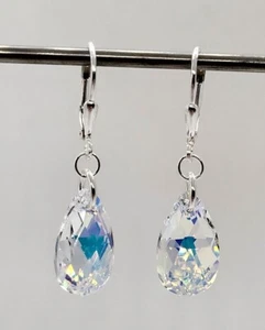 Handmade Sterling Silver Swarovski Crystal Clear AB Pear Teardrop Earrings - Picture 1 of 3