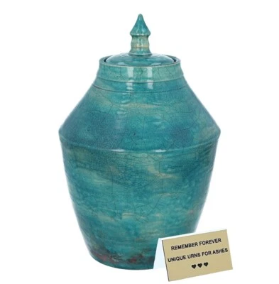 Türkisfarbene Bestattungsurne für einen Erwachsenen Handgefertigte Keramikurne - Bild 1 von 4