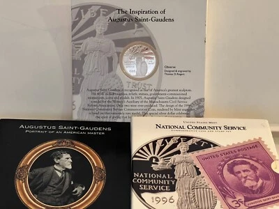 1996 S NATIONAL COMMUNITY SERVICE SILVER DOLLAR AND 1940 postage Stamp   - Image 1 of 4