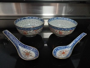 Vintage Early-Mid 20th Century Porcelain China Rice Bowls With Spoons 1900 10 20 - Picture 1 of 10