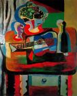 Pablo Picasso -Guitar, bottle, fruit dish and glass on the table,Oil painting Re