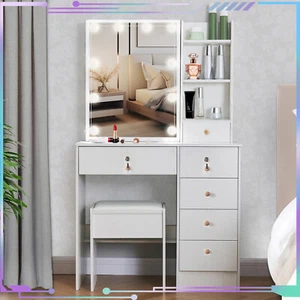 Vanity Dressing Desk Makeup Table Set w/ 6 Drawers and 10 LED Lights Mirror - Picture 1 of 10