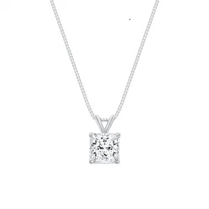 3 Ct Princess Real 14K White Gold Created Diamond Solitaire Pendant 18" Necklace - Picture 1 of 2