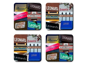 Personalized Coasters featuring the name LEONARD in photos of signs - Set of 4 - Picture 1 of 1