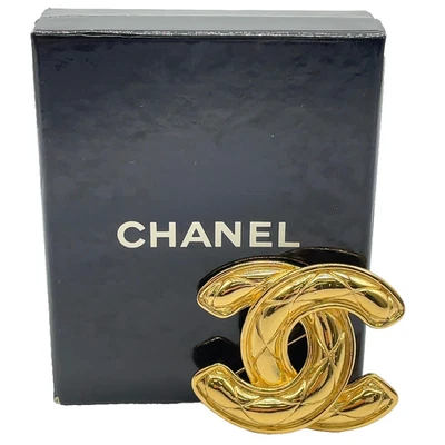 Auth Chanel Coco Mark Matelasse Engraved Gold Brooch 37.19G W/Box SK100575 - Image 1 of 4