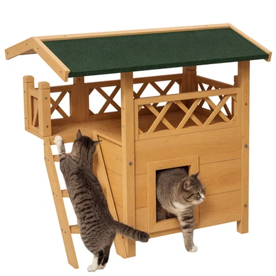 PawHut Outdoor Cat House w/ Balcony Stairs Roof, Natural Wood Finish