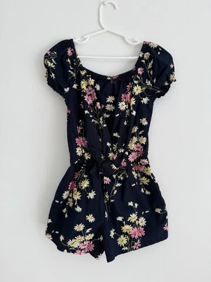 Gap Kids Navy Floral Romper Short Sleeve Elastic Waist 100% Cotton size 6-7 - Image 1 of 4