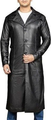 Men’s Vintage Lambskin Leather Trench Coat Full Length Classic Duster Coat - Image 1 of 4