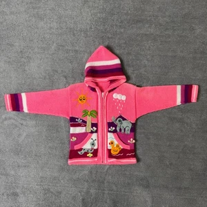 Peruanischer Strick Kinder Pullover rosa durchgehender Reißverschluss handgefertigt Tierkunst Hoodie Jacke 2T - Bild 1 von 7