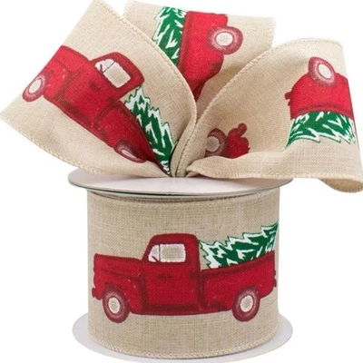 Pickup Truck Wired Christmas Ribbon - 2 1/2" X 23 Yards, Natural Faux Burlap, Re - Image 1 of 4