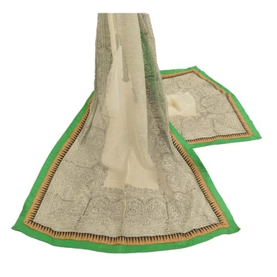 Sanskriti Vintage Dupatta Long Stole Cotton Off-White Embroidered Printed Veil - Image 1 of 4