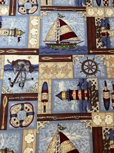 Cranston Print Works Leslie Beck For V.I.P. Fabrics Nautical Print 3 1/3 Yards - Picture 1 of 3